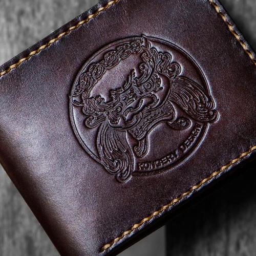 Handmade Leather Chinese Lion Tooled Mens billfold Wallet Cool Leather Wallet Slim Wallet for Men