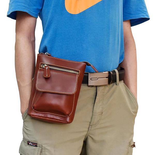 Casual Brown Leather Mini Messenger Bag Men's Belt Pouch Belt Bag Waist Pouch For Men
