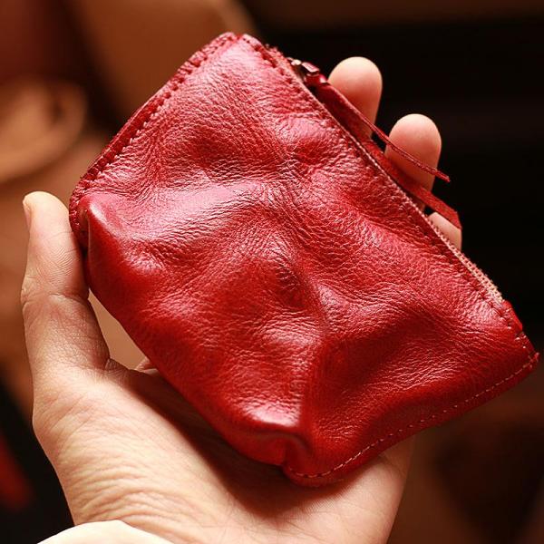 Vintage Slim Tan Leather Mens Coin Wallet Zipper Coin Holder Change Pouch For Men