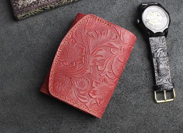 Handmade Leather Floral Mens Trifold Cool billfold Wallet Card Holder Small Card Slim Wallets for Men