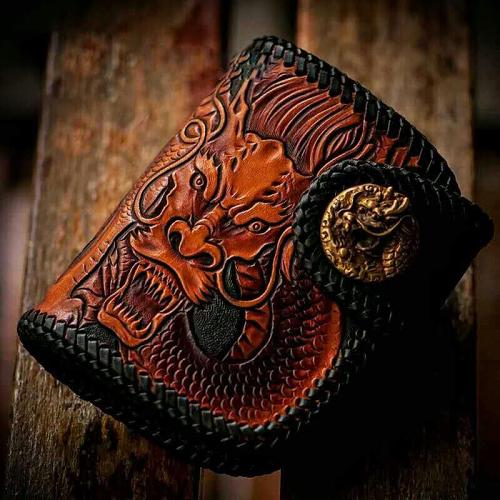 Handmade Leather Tooled Chinese Dragon Biker Wallet Mens Cool Short Chain Wallet Trucker Wallet with Chain