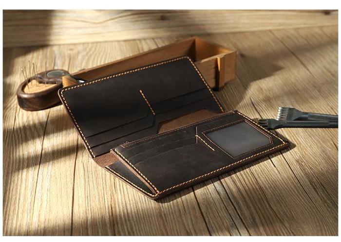 Handmade Blue Leather Mens Bifold Long Wallets Personalized Blue Checkbook Wallets for Men