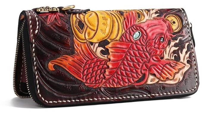 Handmade Leather Carp Mens Chain Biker Wallet Cool Leather Wallet Long Phone Wallets for Men