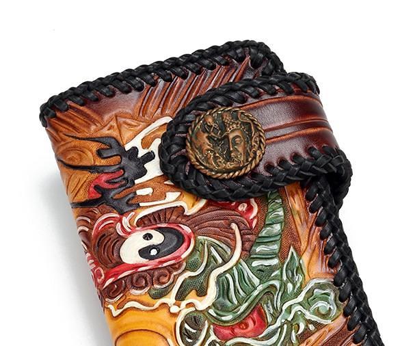 Handmade Leather Buddha&Demon Mens Chain Biker Wallet Cool Leather Wallet With Chain Wallets for Men
