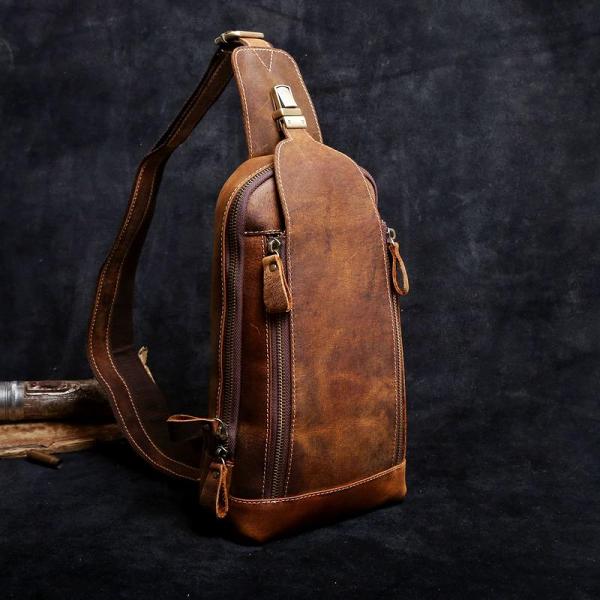 Handmade Leather Mens Cool Chest Bag Sling Bag Crossbody Bag Travel Bag Hiking Bag for men