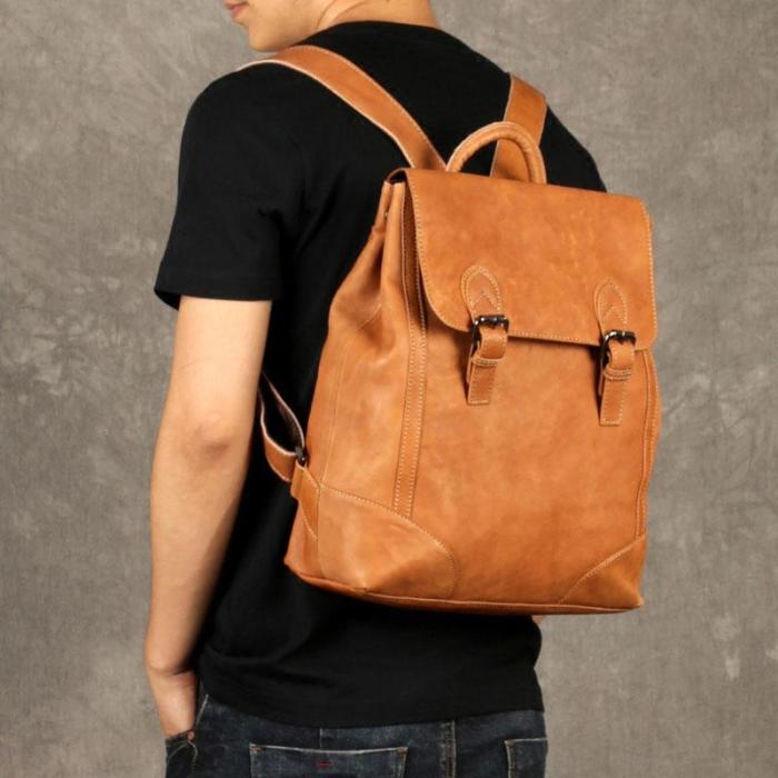 Genuine Leather Mens Cool Backpack Sling Bag Large Black Travel Bag Hiking Bag for men