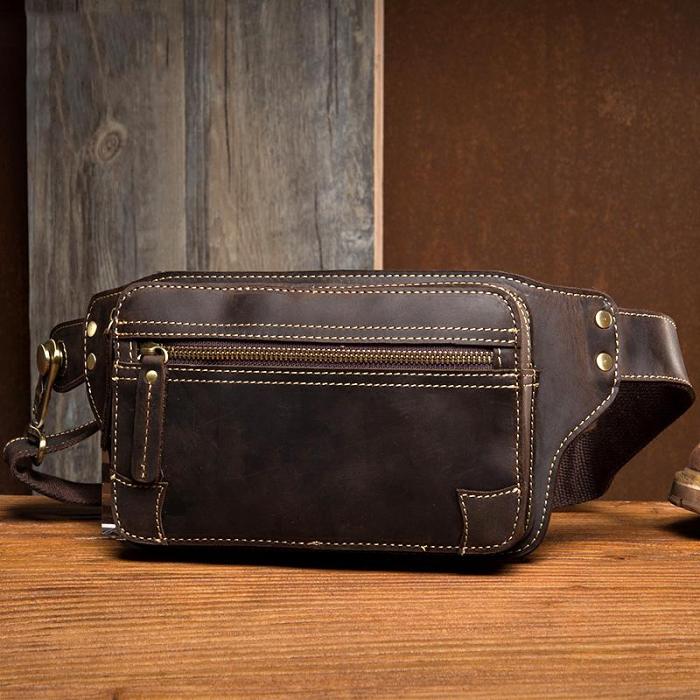 Cool Dark Brown Leather Mens Fanny Pack Waist Bag Hip Pack Belt Bags Bumbags for Men