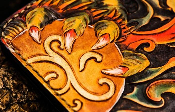 Handmade Leather Chinese Lion Tooled Mens billfold Wallet Cool Leather Wallet Slim Wallet for Men
