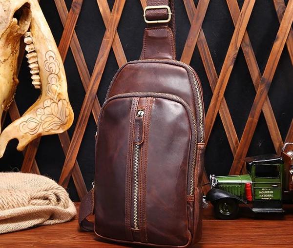 Cool Mens Red Brown Leather Chest Bag Sling Bag Crossbody Sling Bag For Men