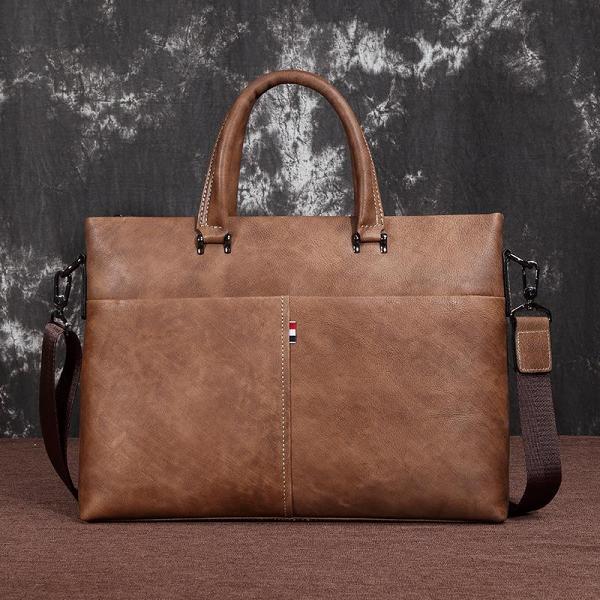 Brown Leather Men 13 inches Vintage Briefcase Handbag Gray Brown Laptop Handbag Side Bag For Men