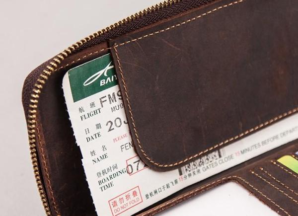 Leather Men Zipper Travel Wallet Passport Wallet Bifold Long Wallets for Men