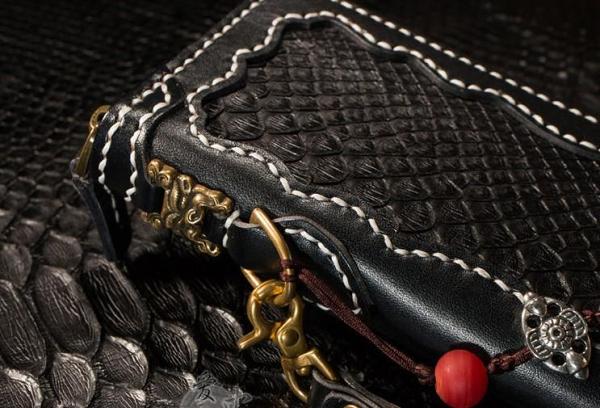 Handmade Leather Python Skin Mens Chain Biker Wallet Cool Leather Wallet Long Phone Wallets for Men