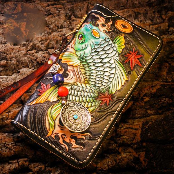 Handmade Leather Carp Mens Chain Biker Wallet Cool Leather Wallet Long Clutch Wallets for Men
