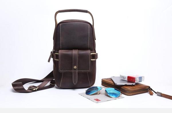 Genuine Leather Mens Cool Chest Bag Sling Bag Crossbody Bag Travel Bag Hiking Bag for men