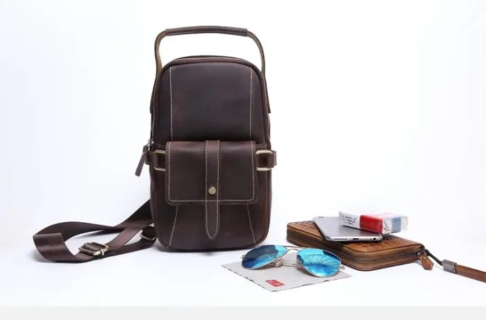 Genuine Leather Mens Cool Chest Bag Sling Bag Crossbody Bag Travel Bag Hiking Bag for men