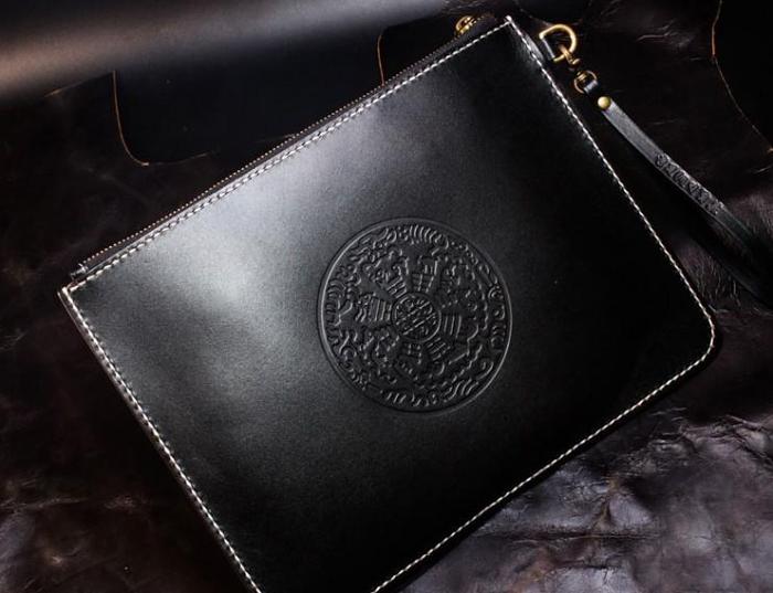 Handmade Leather Mens Clutch Cool Slim Wallet Zipper Clutch Wristlet Wallet for Men