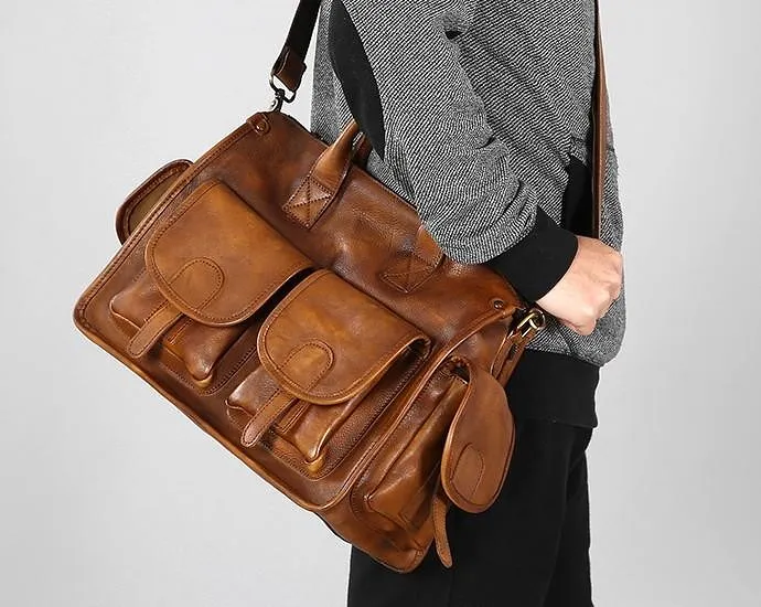 Handmade Genuine Leather Vintage Brown Mens Travel Bag Cool Messenger Bag Shoulder Bag Handbag for Men