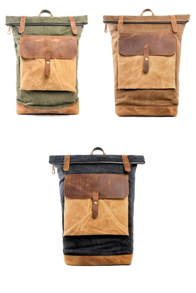 Cool Canvas Leather Mens Large Waterproof Green Backpack Travel Backpack Black Computer Backpack for Men