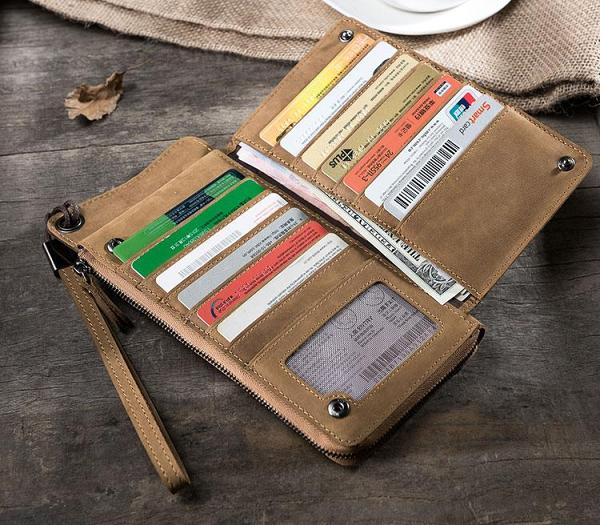 Handmade Leather Mens Cool Long Chain Wallet Phone Biker Trucker Wristlet Wallet