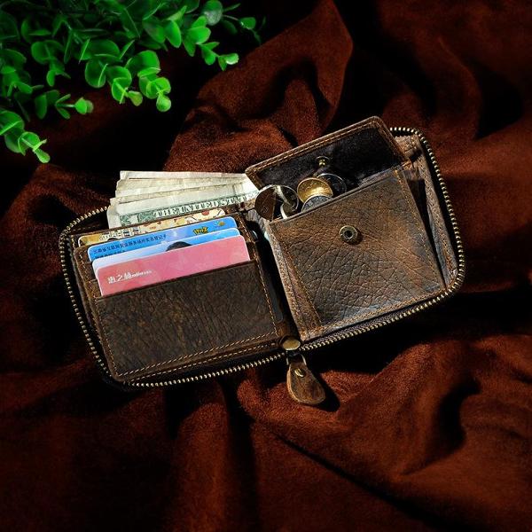 Handmade Leather Mens Cool Zipper Leather Wallet Card Wallet Men Small Wallets Bifold for Men