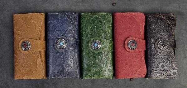 Handmade Leather Floral Mens Cool Travel Long Wallet Card Holder Card Slim Clutch Wallets for Men