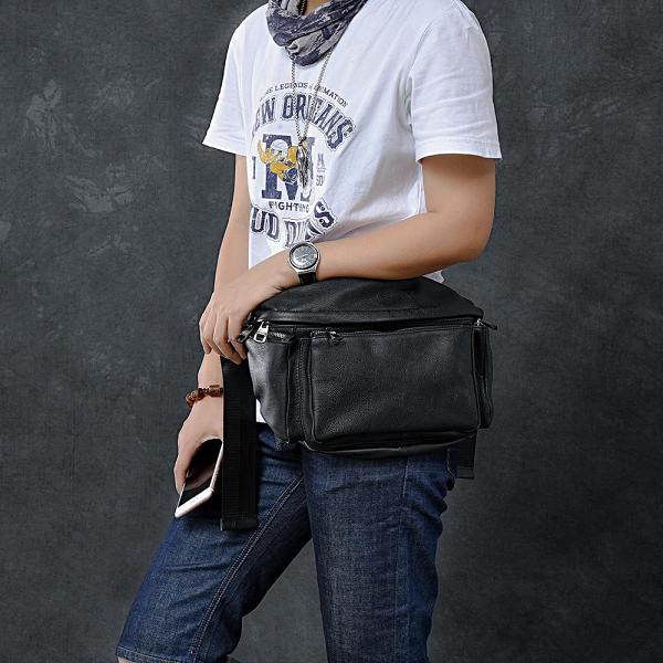 Black Large Sling Bag Hip Bag for Men Leather Mens Large Fanny Pack Waist Bag