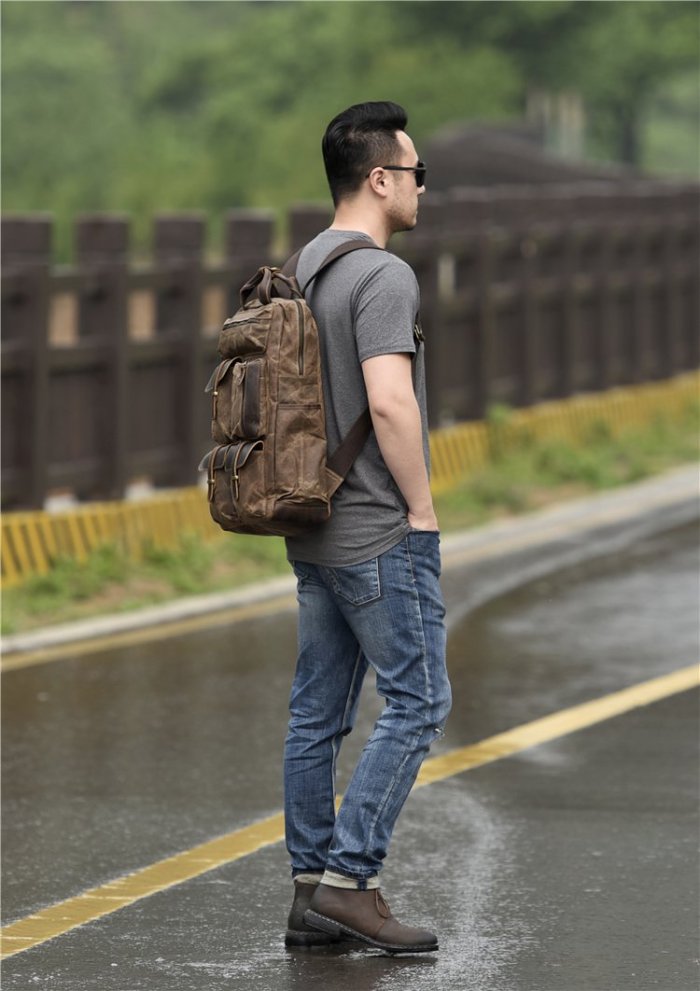 Oil Wax Canvas Mens Cool Backpack Sling Bag Large Sport Bag Travel Bag Hiking Bag for men