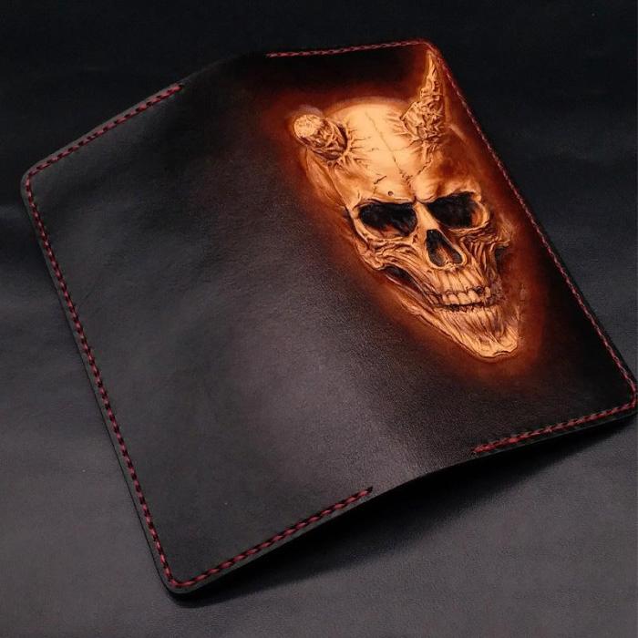 Dark Coffee Handmade Tooled Death Skull with Horn Leather Mens Bifold Long Wallet Clutch For Men