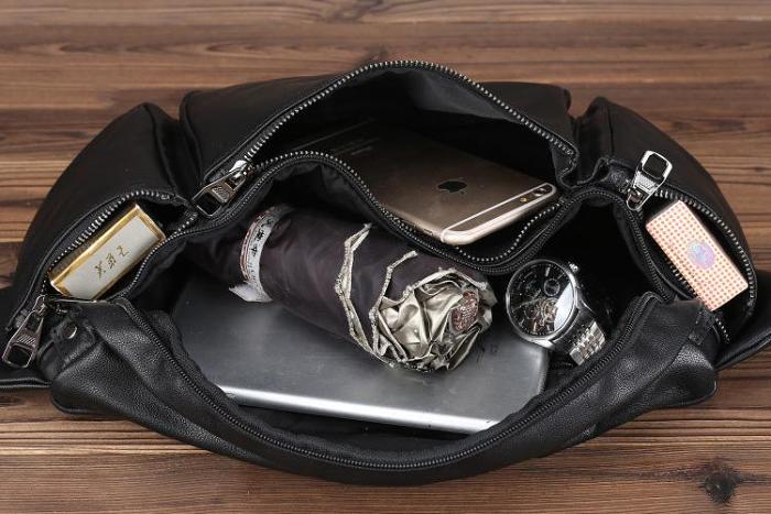Large Black Leather Fanny Pack Men's Black Chest Bag Hip Bag Large Capacity Waist Bag For Men