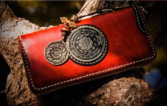 Handmade Leather Tibetan Mens Chain Biker Wallet Cool Leather Wallet Long Clutch Wallets for Men