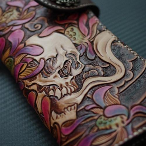 Handmade Leather Tooled Skull Mens Chain Biker Wallet Cool Leather Wallet With Chain Wallets for Men