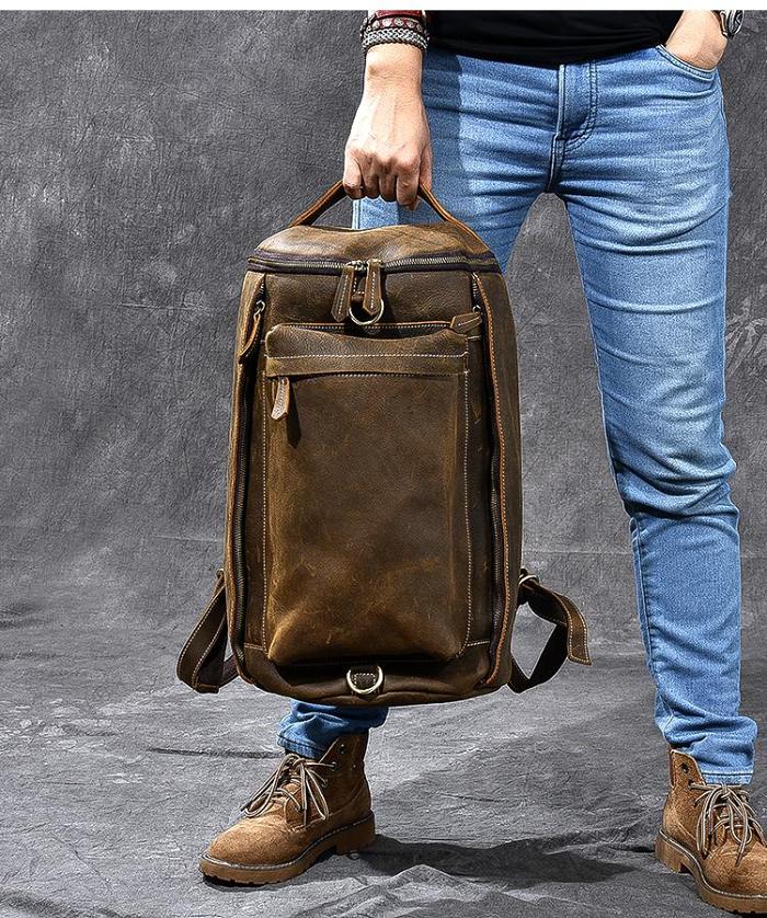 Brown Leather Mens 15 Laptop Bucket Hiking Backpack Travel Backpack Barrel Backpack for Men