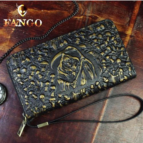 Handmade Leather Mens Tooled Skull Death Cool Zipper Phone Travel Long Wallet Card Holder Card Slim Clutch Wallets for Men