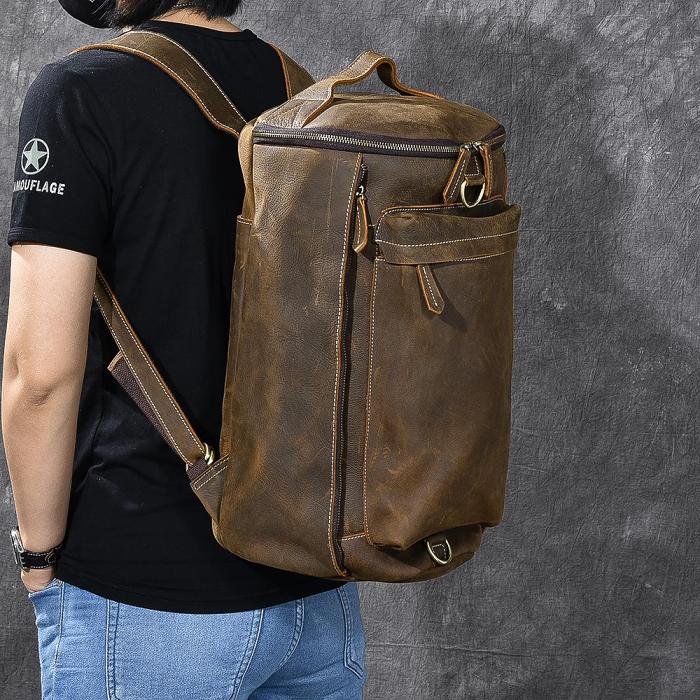 Brown Leather Mens 15 Laptop Bucket Hiking Backpack Travel Backpack Barrel Backpack for Men