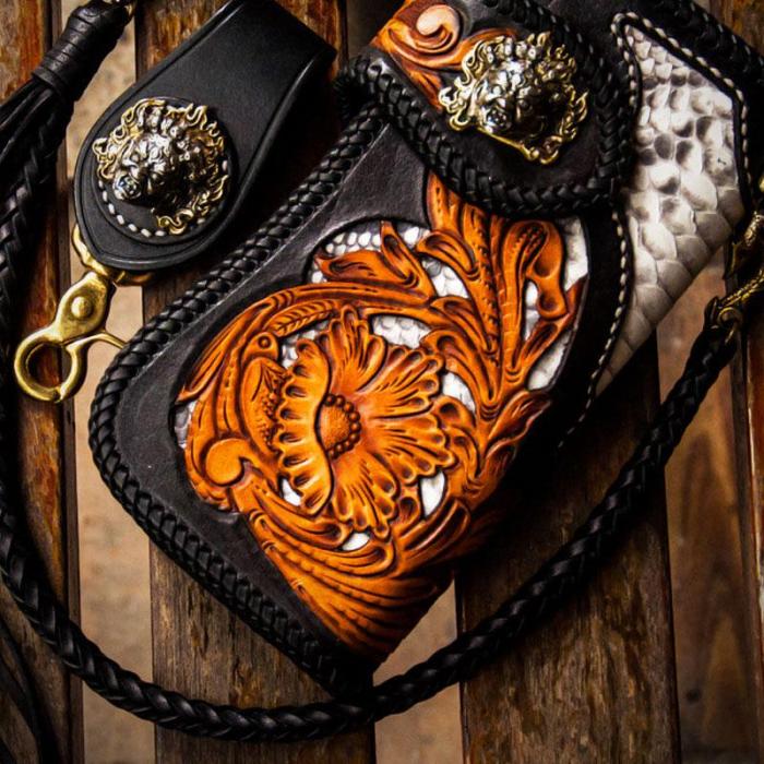 Handmade Leather Tooled Floral Mens Chain Biker Wallet Cool Leather Wallet With Chain Wallets for Men