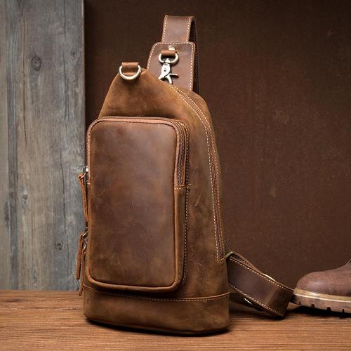Brown Casual Leather Mens 8 inches Sling Bags Chest Bags One Shoulder Backpack for Men