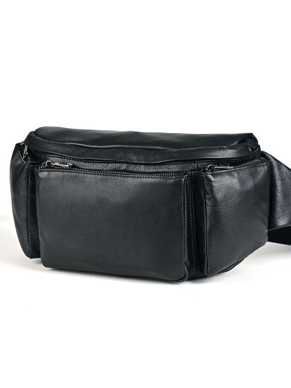 Large Black Leather Fanny Pack Men's Black Chest Bag Hip Bag Large Capacity Waist Bag For Men