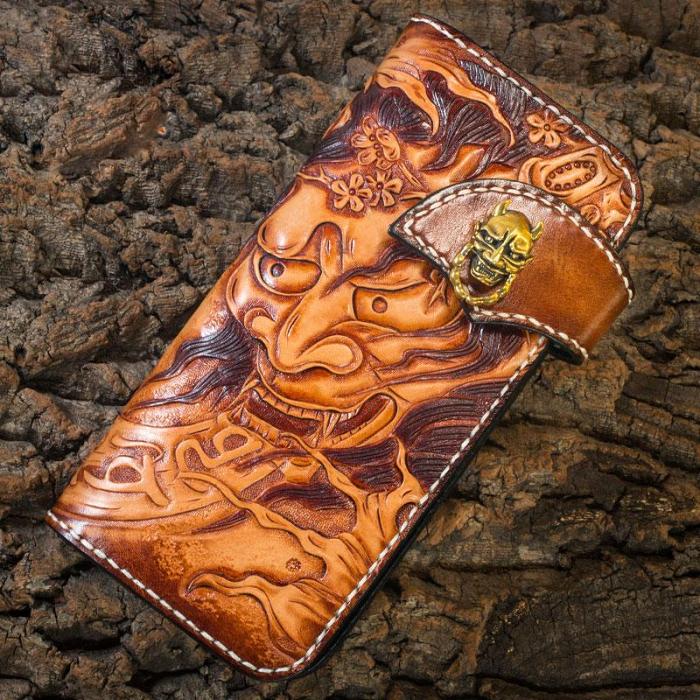 Handmade Leather Mens Cool Tooled Prajna Chain Wallet Biker Trucker Wallet with Chain