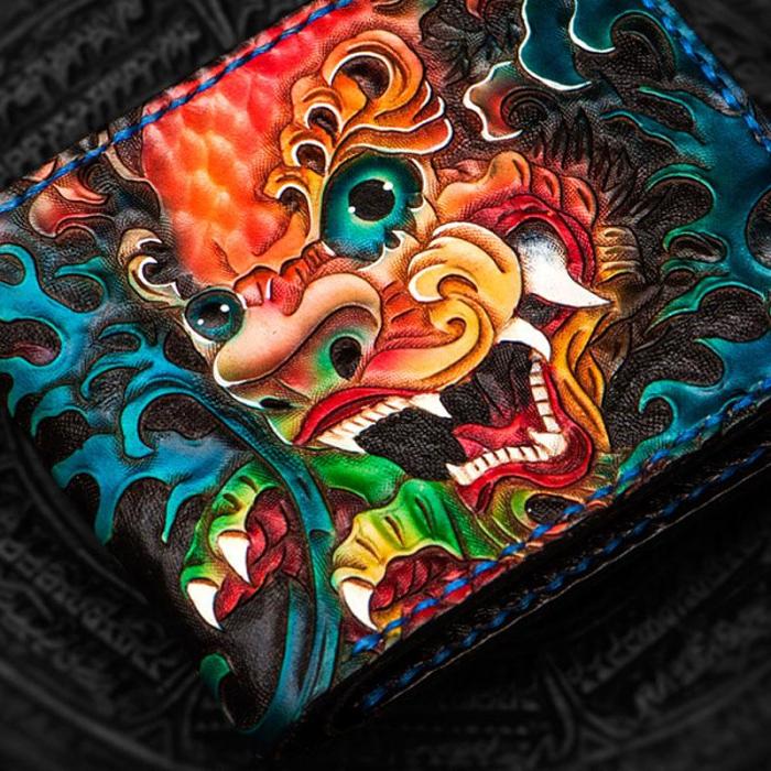 Handmade Leather Tooled Chinese Lion Mens billfold Wallet Cool Slim Wallet Biker Wallet for Men