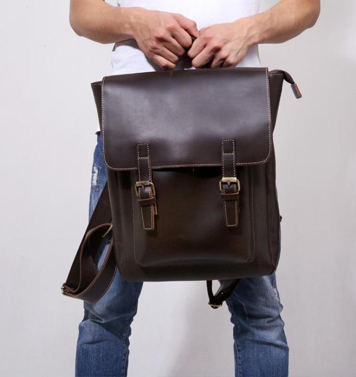 Genuine Leather Mens Cool Backpack Sling Bag Large Black Travel Bag Hiking Bag for men