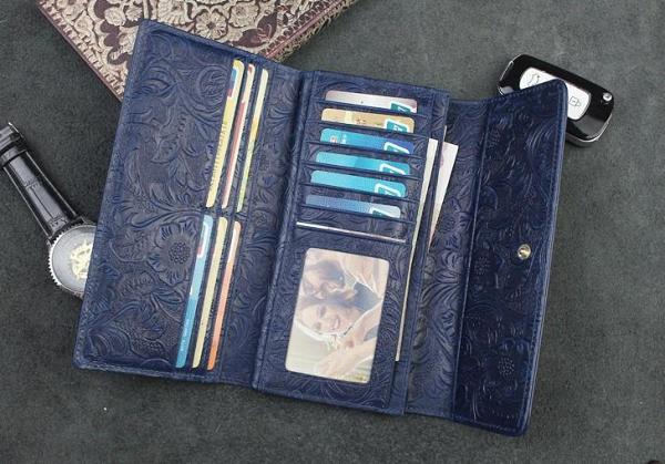 Handmade Leather Floral Mens Cool Travel Long Wallet Card Holder Card Trifold Clutch Wallets for Men