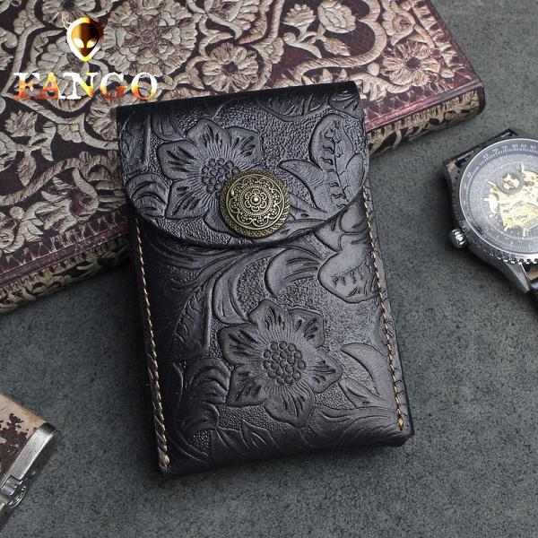 Handmade Leather Floral Mens Cool Short Wallet Card Holder Small Card Slim Wallets for Men