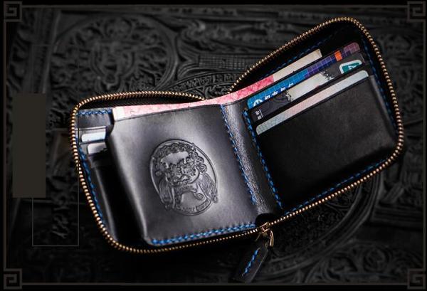 Handmade Leather Chinese Lion Tooled Mens billfold Wallet Cool Chain Wallet Biker Wallet for Men