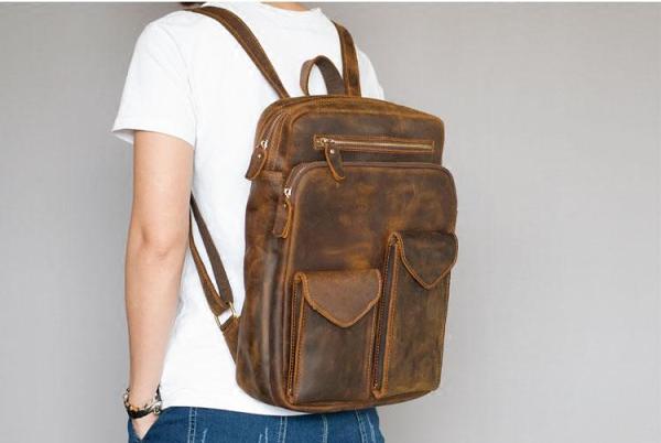 Cool Brown Leather Mens 14 Laptop Backpack Hiking Backpack Travel Backpack College Bag for Men