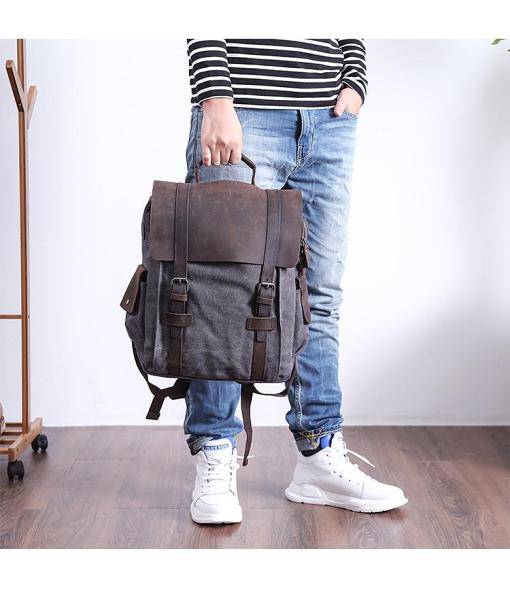 Lake Green Waxed Canvas Mens Large 14'' Laptop Backpack College Backpack Hiking Backpack for Men