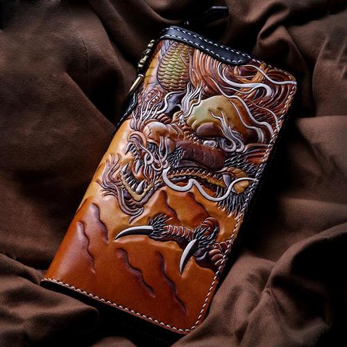 Handmade Leather Tooled Chinese Dragon Tiger Mens Chain Biker Wallet Cool Leather Wallet Zipper Long Phone Wallets for Men