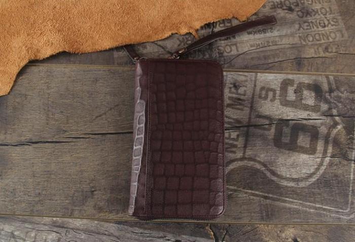 Handmade Genuine Leather Mens Cool Long Leather Wallet Zipper Clutch Wristlet Wallet for Men