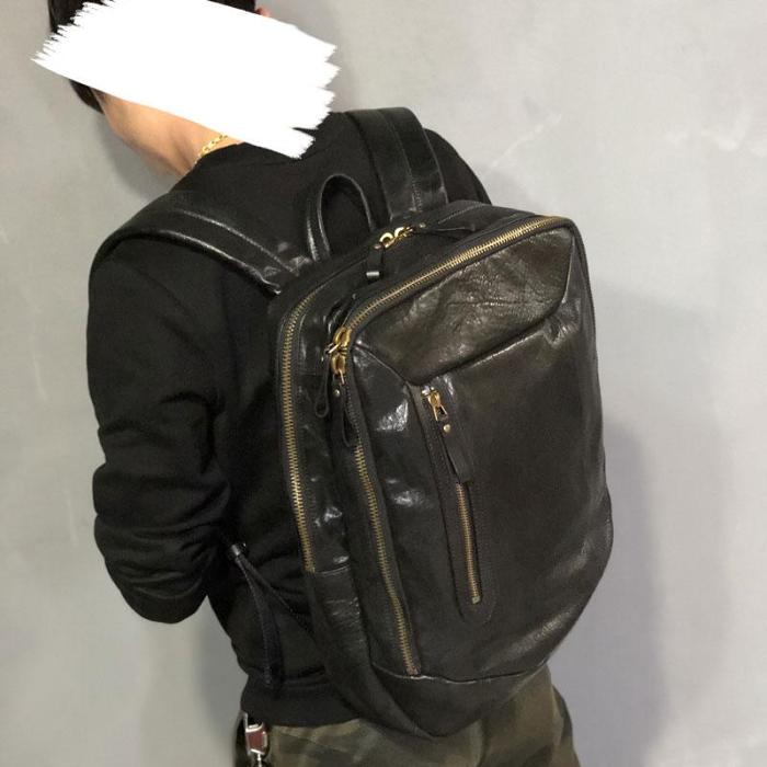 Genuine Leather Mens Cool Backpack Sling Bag Large Black Travel Bag Hiking Bag for men