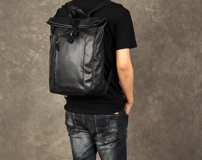Genuine Leather Mens Cool Backpack Sling Bag Large Black Travel Bag Hiking Bag for men