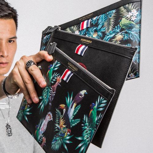Handmade Leather Mens Clutch Birds Cool Slim Wallet Zipper Clutch Wristlet Wallet for Men